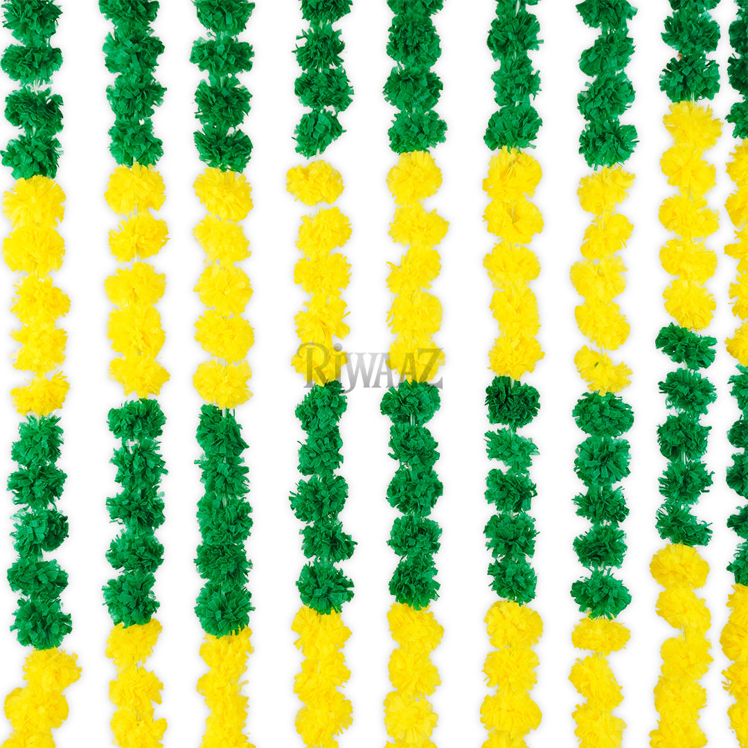 12pcs Green & Yellow Marigold Fluffy Mala Garland – Soft Plastic Flower Strings for Indian Wedding Nikah Decor, Colorful Arch Backdrop