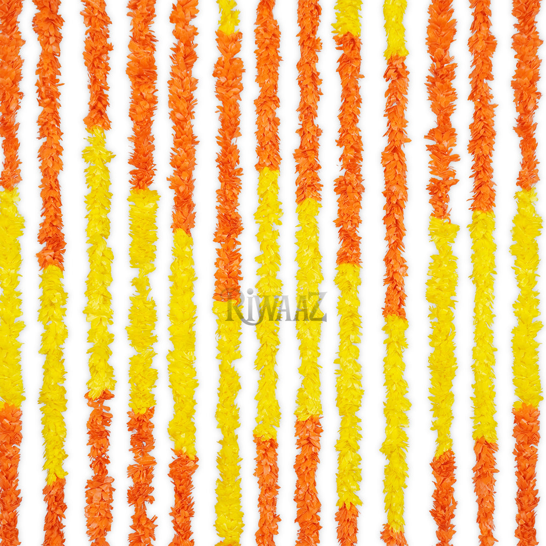 12pcs Orange & Yellow Marigold Fluffy Mala Garland – Soft Plastic Flower Strings for Indian Wedding Nikah Decor, Colorful Arch Backdrop