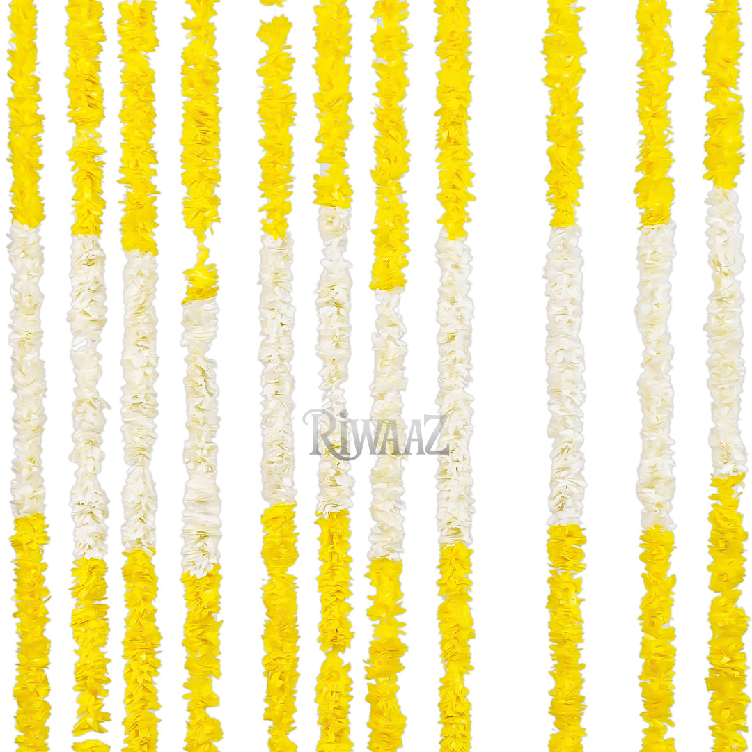 12pcs Yellow & White Marigold Fluffy Mala Garland – Soft Plastic Flower Strings for Indian Wedding Nikah Decor, Colorful Arch Backdrop