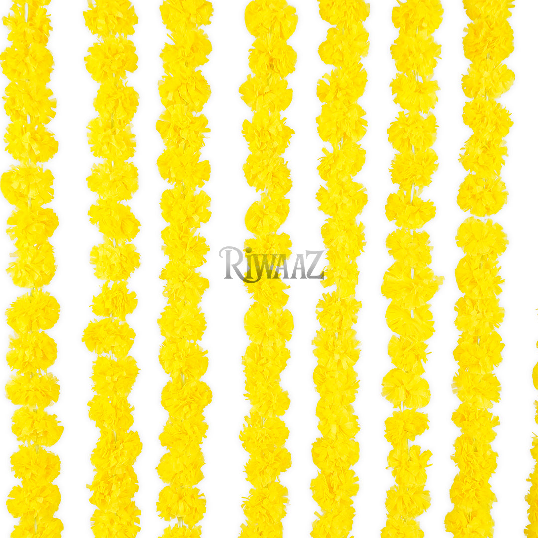 12pcs Yellow Marigold Fluffy Mala Garland – Soft Plastic Flower Strings for Indian Wedding Nikah Decor, Colorful Arch Backdrop