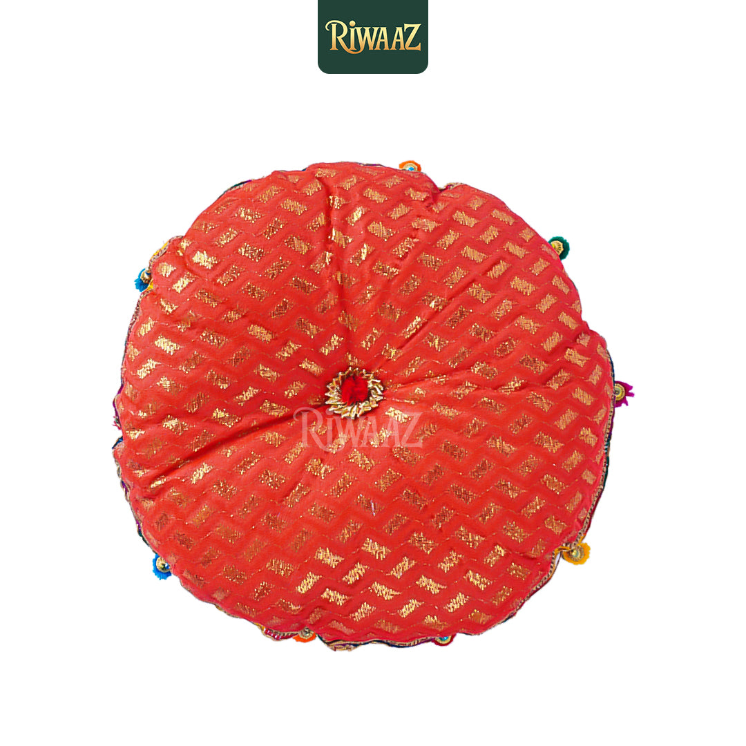 Round Jamawar Fabric Pillow, Cusion Perfect For Traditional Wedding Decor Including Mehndi, Nikkah, Maiyun, Vivah, and Cultural Celebrate