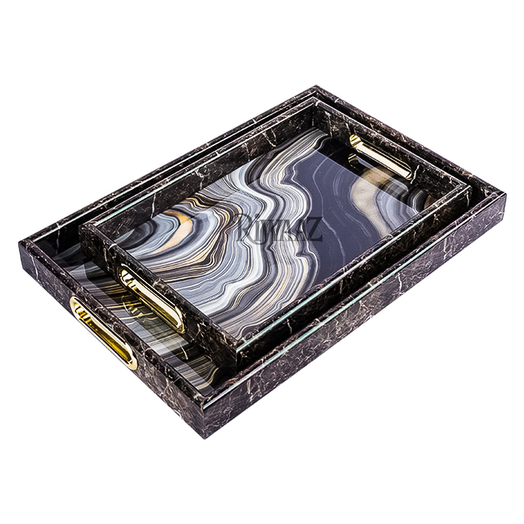 Set of 2 - Black Marble Texture Trays