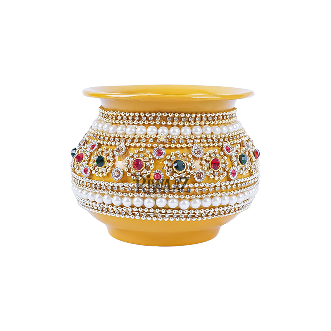 Hand Made Metal Decorated Matki, Accessories, Indian Wedding, Pakistani Wedding,Gold Matki Yellow Matlki Nikkah, Maiyun Menhdi Decoration