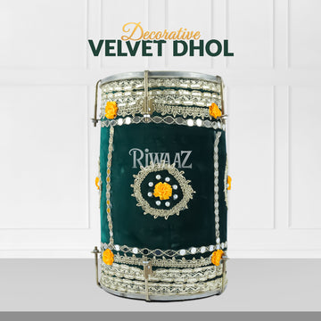 Green Velvet Dhol – Classic Dholki Drum for Wedding, Shaadi, Dholki & Mehndi