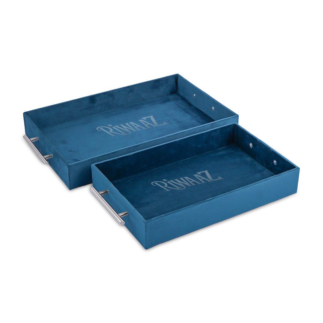 2 pcs Dull Blue Velvet Wedding Gift Tray Set – Bridal Platter for Pakistani & Indian Shaadi Decor
