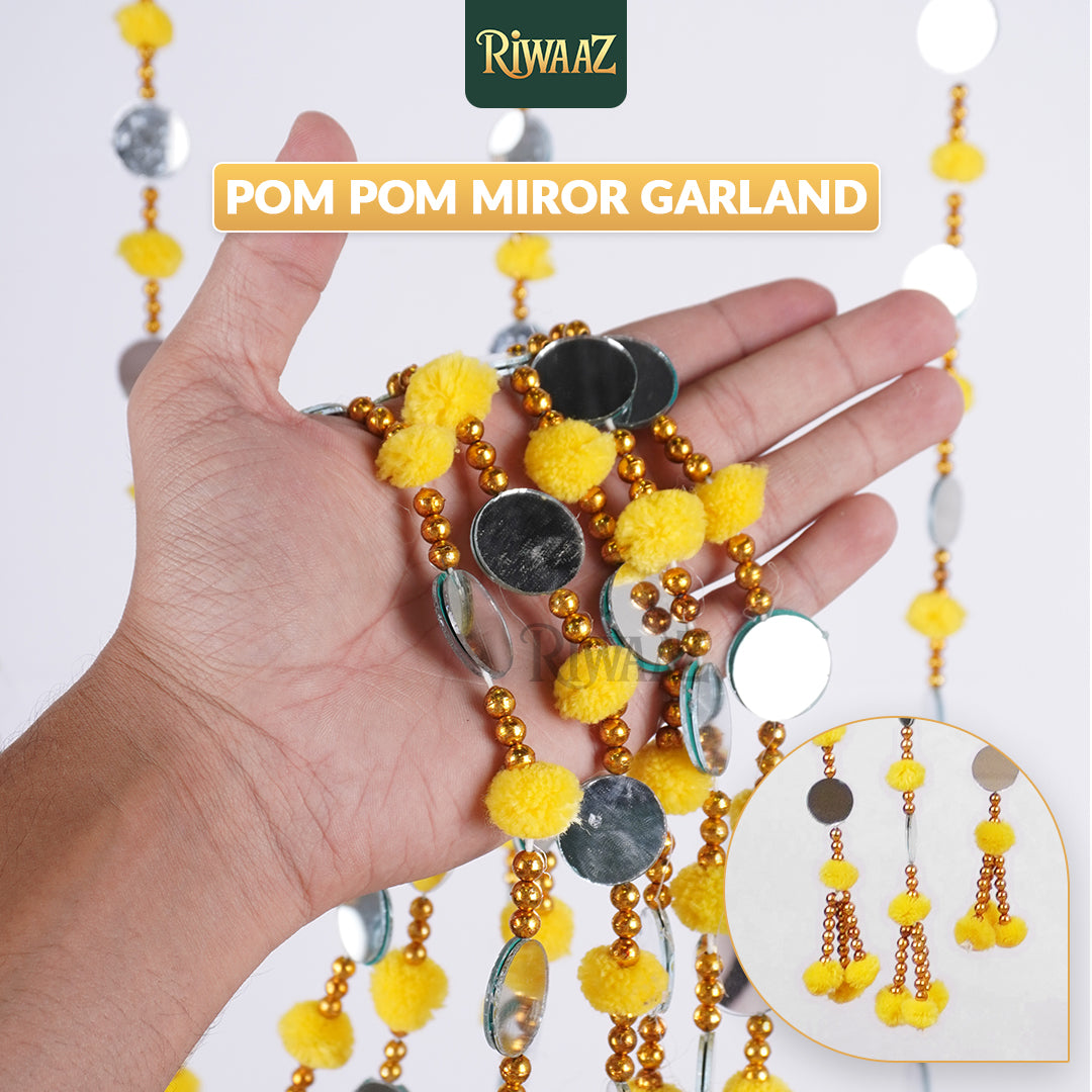 Pack of 12 - Artificial Fancy Multi Color Pom Pom Mirror Garland Perfect For Wedding Decor Maiyun Mehndi Nikkah Dholki Decor South Asian Wedding Decor