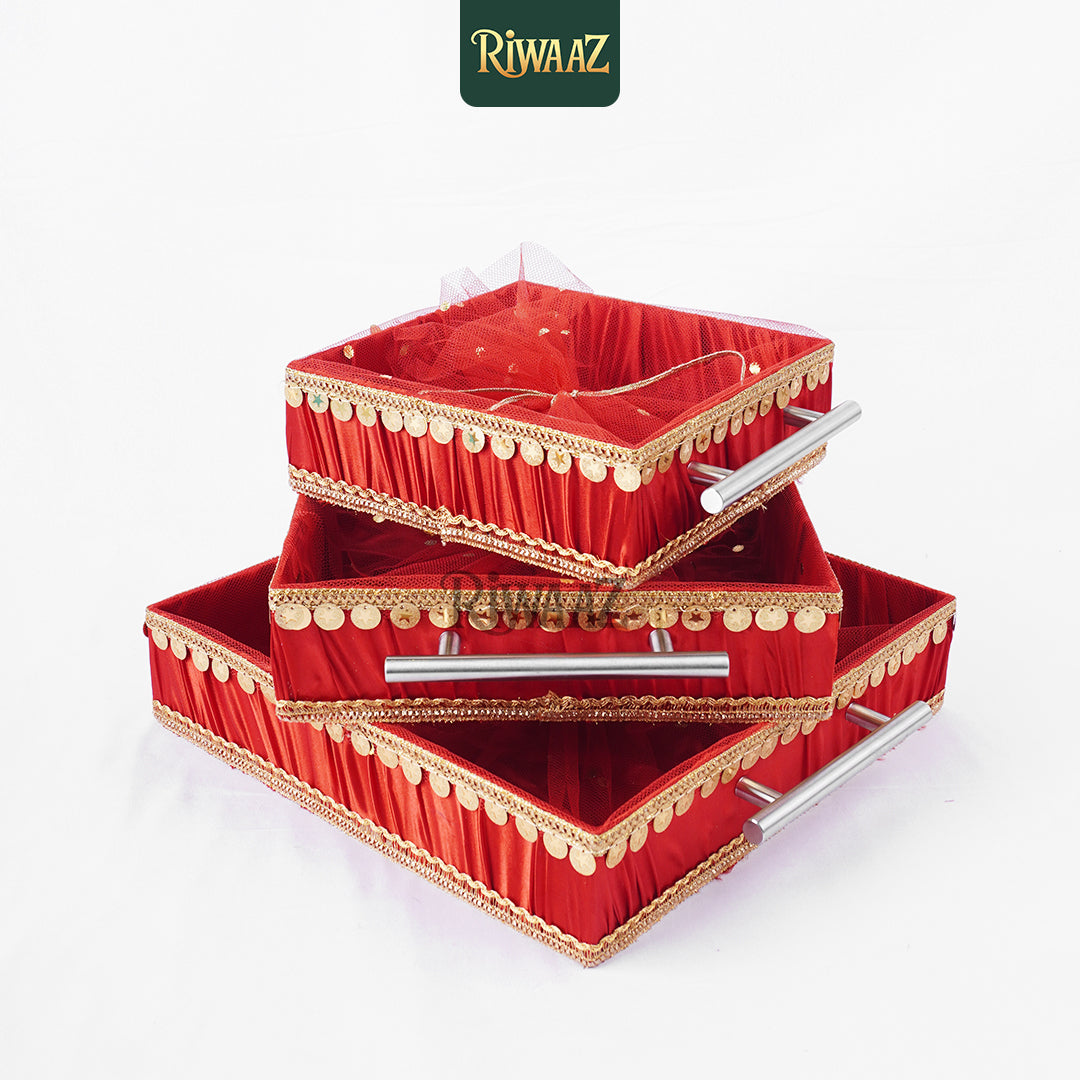 Set of 3 Satin Gift Trays – Bridal Platter for Mehndi, Eid, Diwali, Shadi, Nikkah – Indian Pakistani Wedding Decor