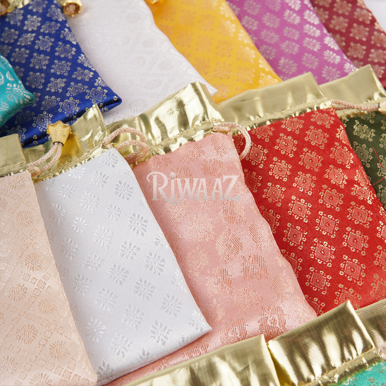 Multi-Color Jamawar Nikkah Pouches – Set of 50 Wedding Favor Bags | Mehndi, Engagement| Pakistani Indian Decor