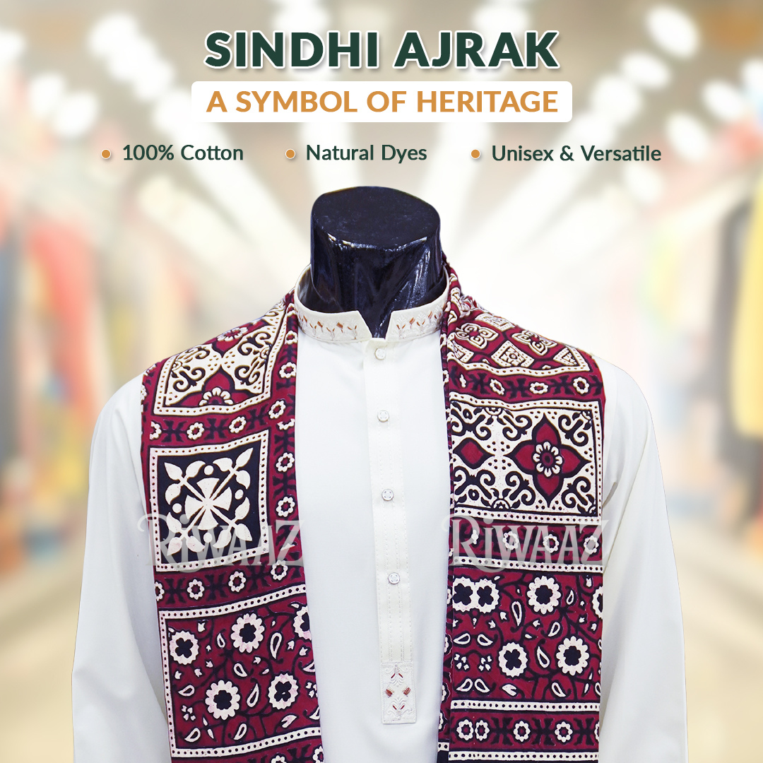 Handmade Ajrak Dupatta Shawl – Traditional Sindhi Block Print Stole for Mehndi, Nikkah & Cultural Events