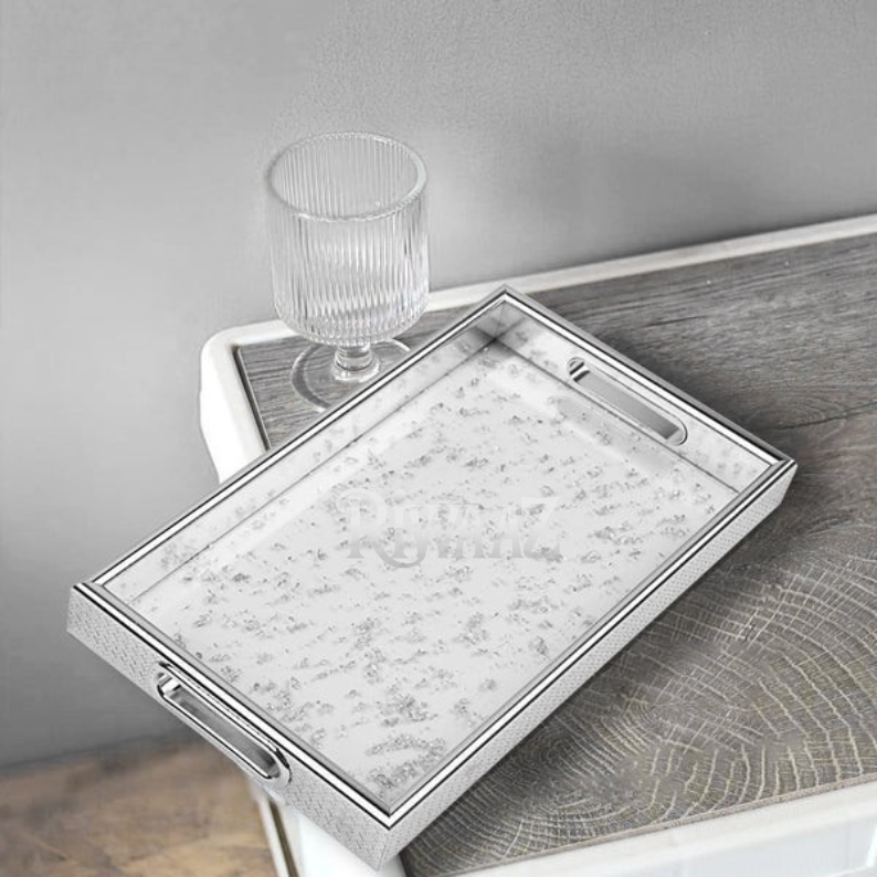 Set of 2 - Silver Marble Trays