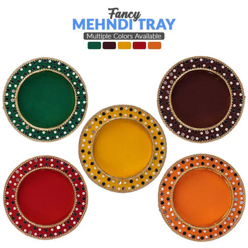 Round Fancy Mehendi Tray – 1pc Velvet & Pearl Decor Tray for Indian Pakistani Wedding, Engagement, Haldi, Roka Presentation