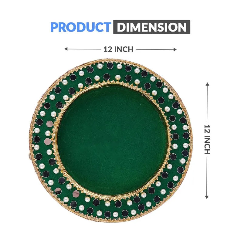Round Fancy Mehendi Tray – 1pc Velvet & Pearl Decor Tray for Indian Pakistani Wedding, Engagement, Haldi, Roka Presentation