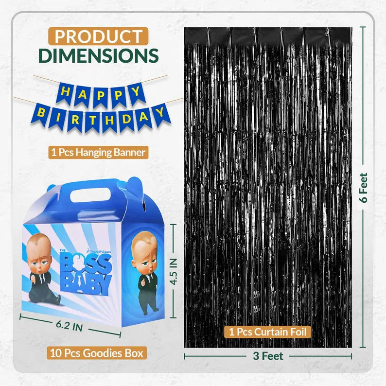 Baby Boss Birthday Decoration Kit – Foil Balloons, Banner, Goodie Boxes & Curtain | Boys Party Supplies