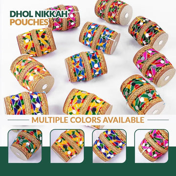 Set of 25 - Dhol-Shaped Nikkah Pouches | Traditional Favor Bags for Mehndi, Mayun & South Asian Weddings