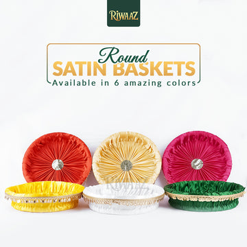 1 Pc- Multi Color Glamorous Round Shaped Satin Basket for Gifting and Celebrating - Ideal For Maiyun, Mendhi Shadi Vivah Weddings and Festivities