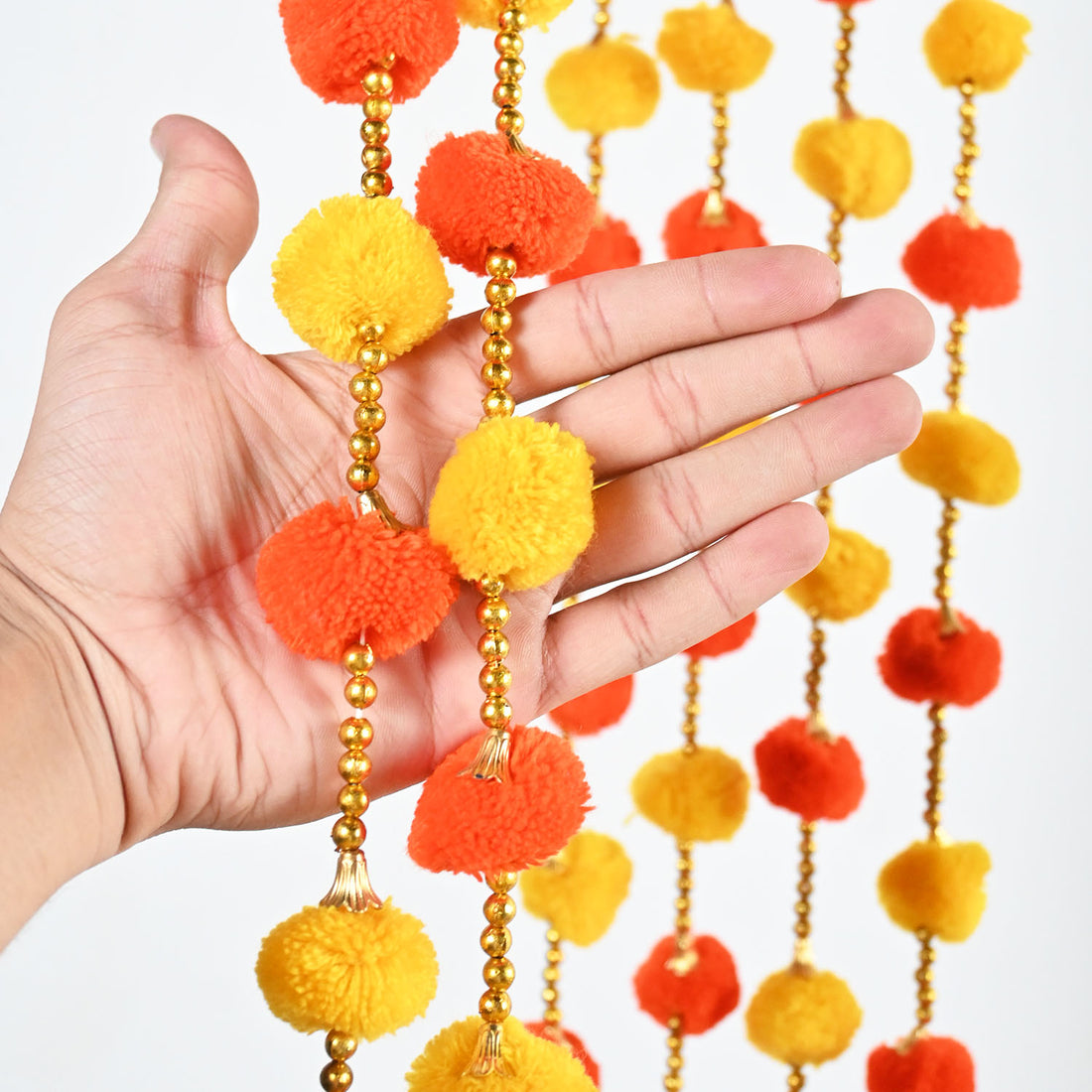 12 Pcs Artificial Yellow and Orange Multi Color Handmade 6 Feet Pom Pom Wedding Garland For Maiyun, Vivah, Nikkah, Shadi, Haldi Sangeet Mehndi Decoration - Riwaaz
