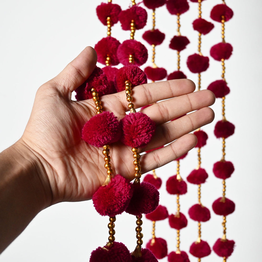 12 Pcs Artificial Maroon Handmade 6 Feet Pom Pom Wedding Garland For Maiyun, Vivah, Nikkah, Shadi, Haldi Sangeet Mehndi Decoration - Riwaaz