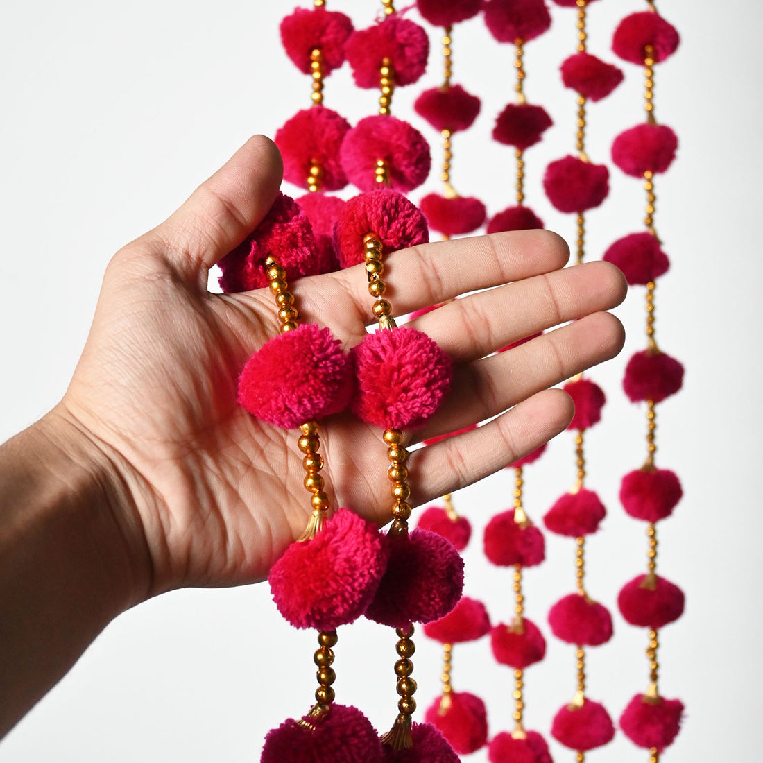 12 Pcs Artificial Red Color Handmade 6 Feet Pom Pom Wedding Garland For Maiyun, Vivah, Nikkah, Shadi, Haldi Sangeet Mehndi Decoration - Riwaaz