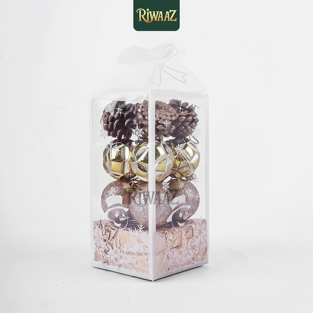 Gold Christmas Tree Ornament Set – Glitter Baubles, Pine Cones & Gift Boxes