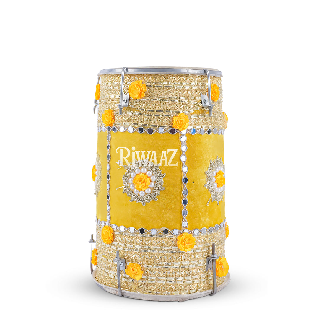 Yellow Velvet Dhol – Classic Dholki Drum for Wedding, Shaadi, Dholki & Mehndi