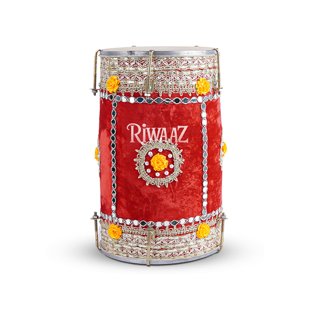 Red Velvet Dhol – Classic Dholki Drum for Wedding, Shaadi, Dholki & Mehndi