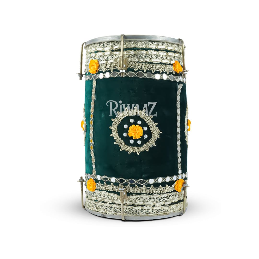 Green Velvet Dhol – Classic Dholki Drum for Wedding, Shaadi, Dholki & Mehndi