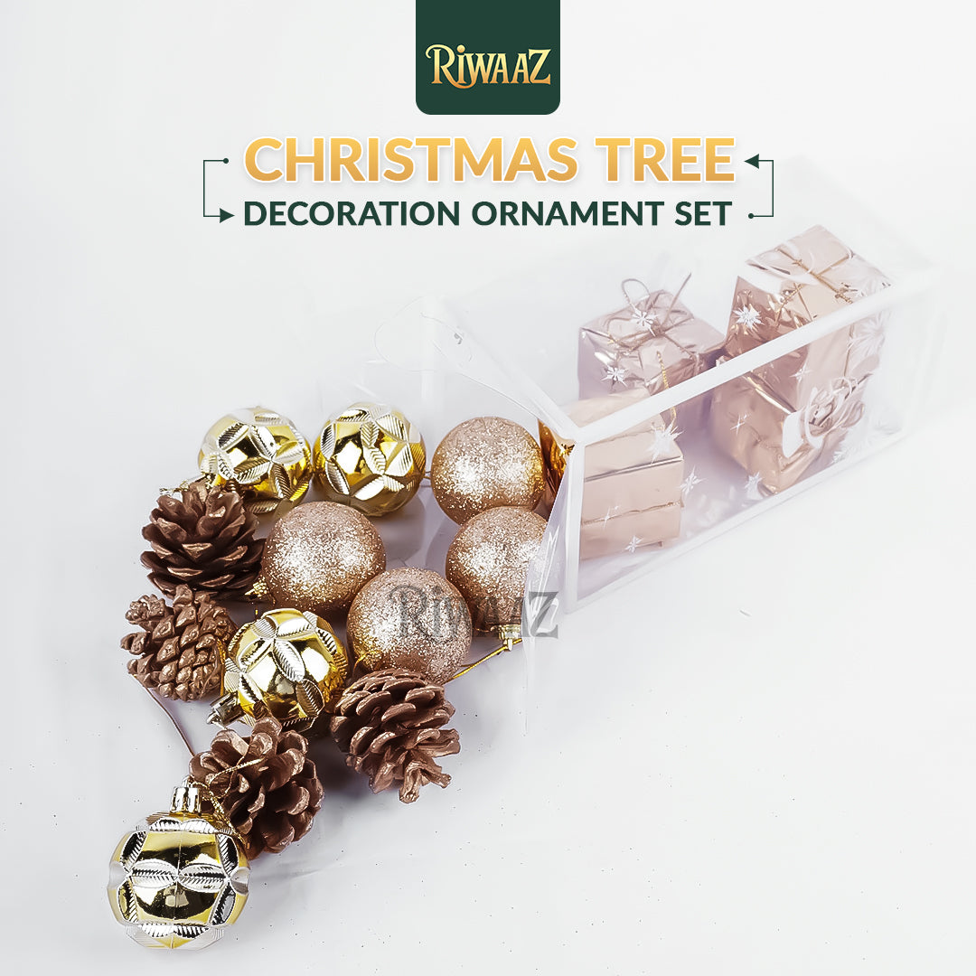 Gold Christmas Tree Ornament Set – Glitter Baubles, Pine Cones & Gift Boxes