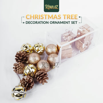 Gold Christmas Tree Ornament Set – Glitter Baubles, Pine Cones & Gift Boxes