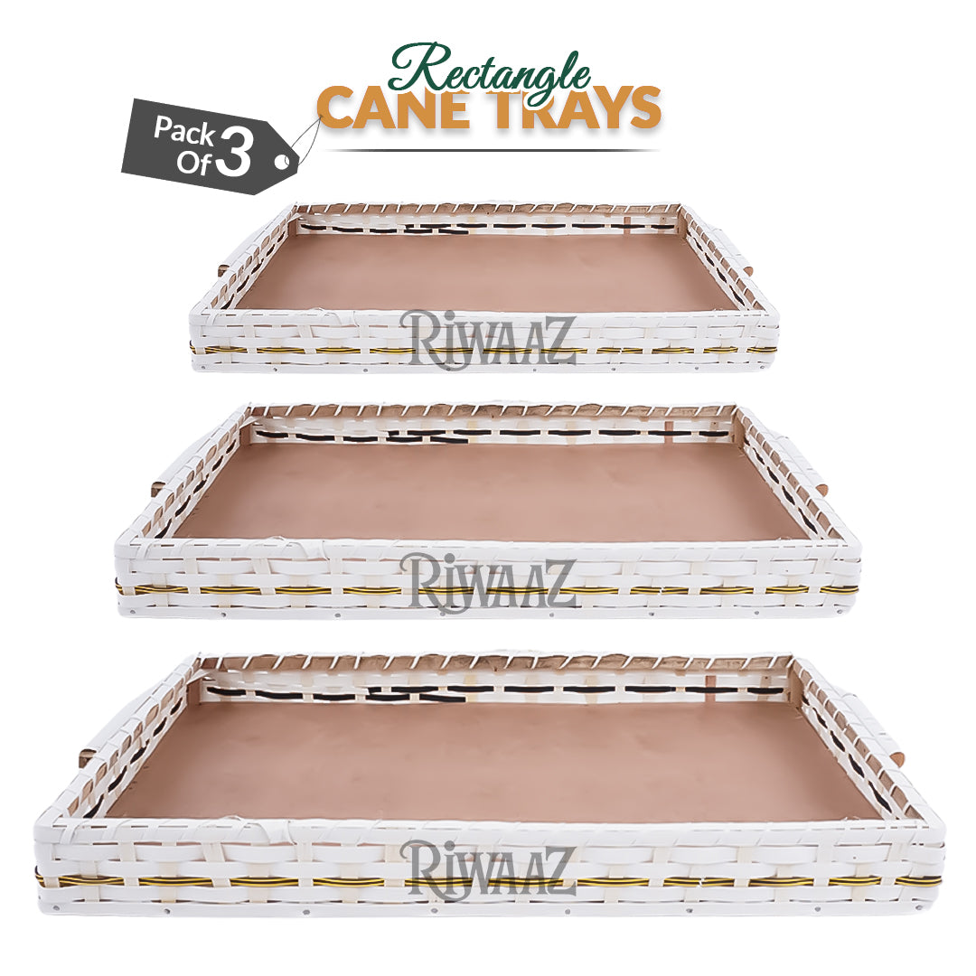 Set of 3 - White Rectangle Cane Trays