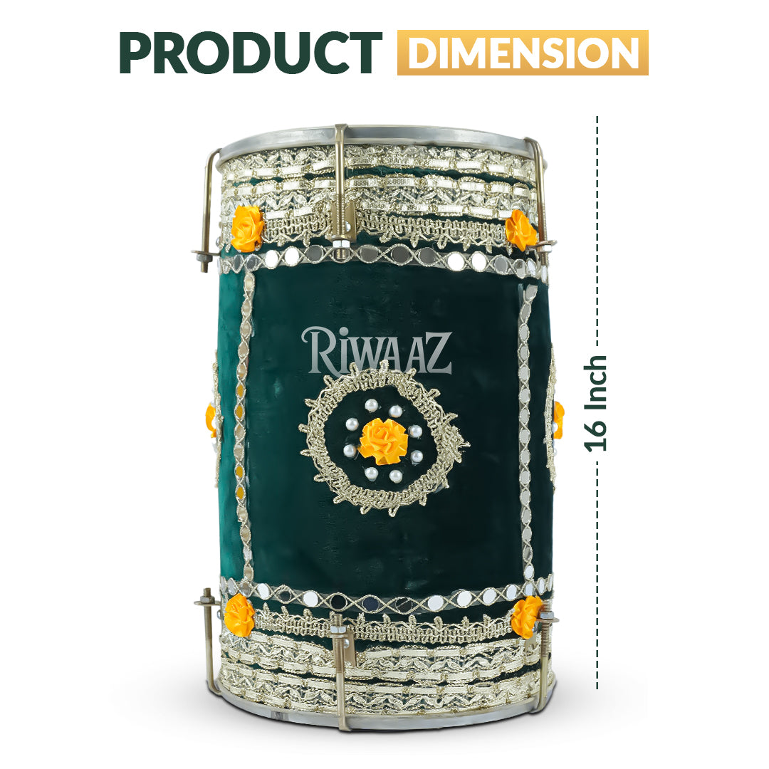 Green Velvet Dhol – Classic Dholki Drum for Wedding, Shaadi, Dholki & Mehndi