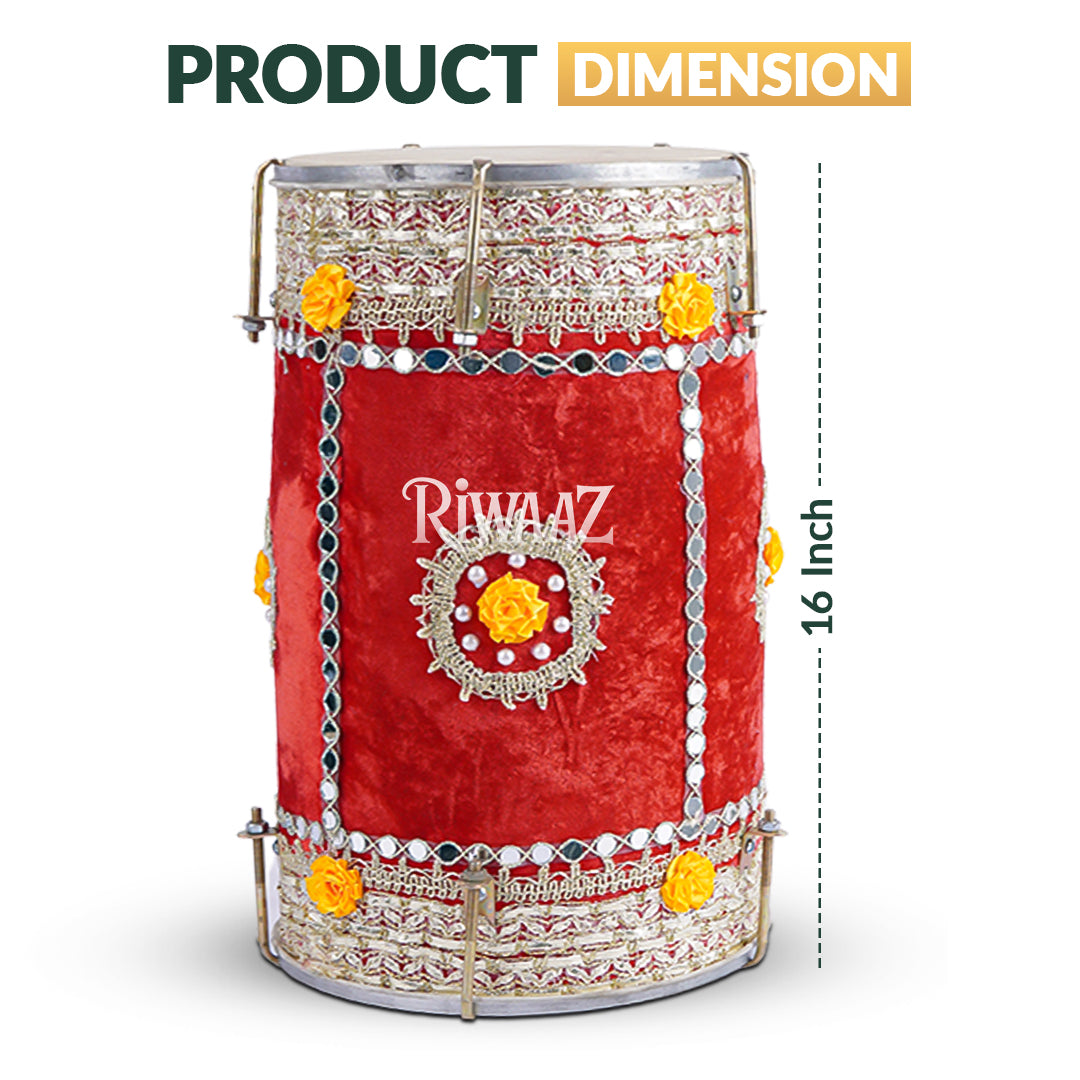 Red Velvet Dhol – Classic Dholki Drum for Wedding, Shaadi, Dholki & Mehndi
