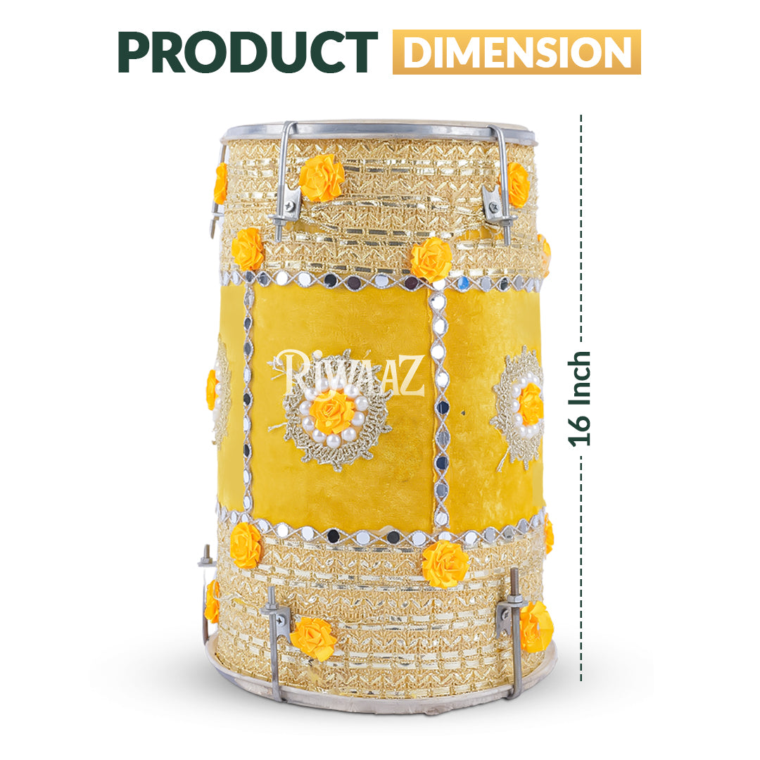 Yellow Velvet Dhol – Classic Dholki Drum for Wedding, Shaadi, Dholki & Mehndi
