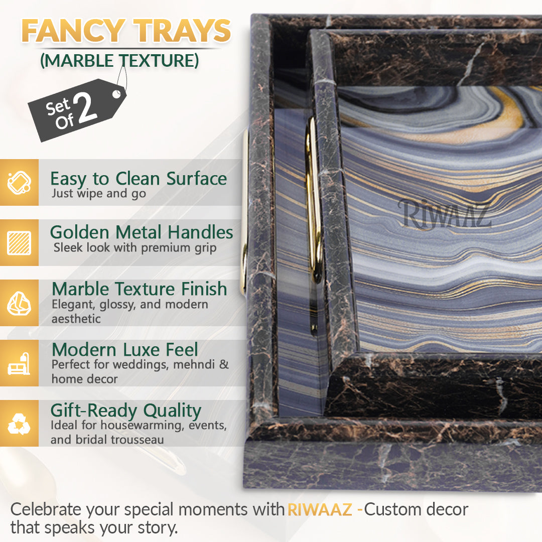 Set of 2 - Black Marble Texture Trays