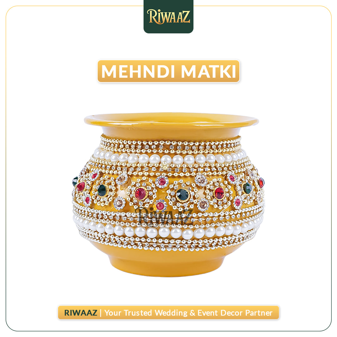 Hand Made Metal Decorated Matki, Accessories, Indian Wedding, Pakistani Wedding,Gold Matki Yellow Matlki Nikkah, Maiyun Menhdi Decoration