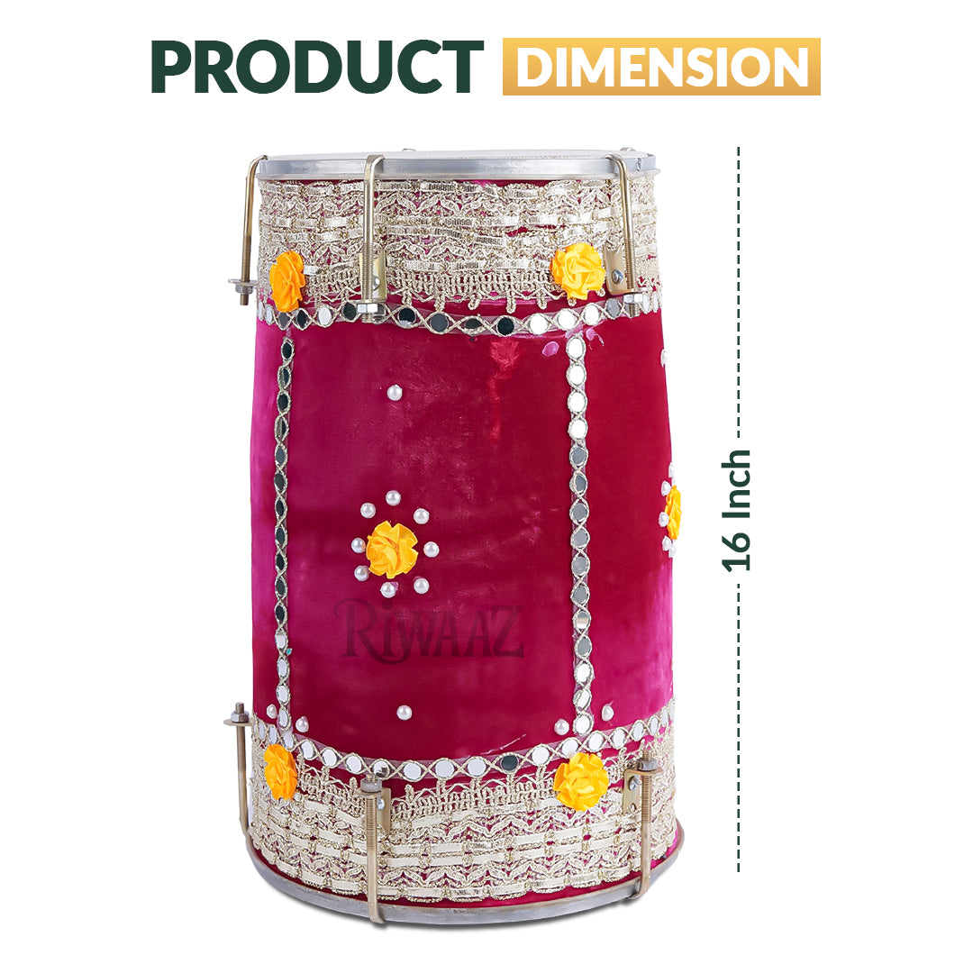 Hot Pink Velvet Dhol – Classic Dholki Drum for Wedding, Shaadi, Dholki & Mehndi