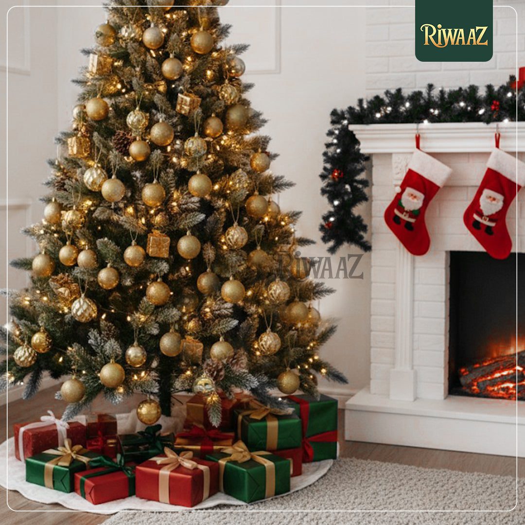 Gold Christmas Tree Ornament Set – Glitter Baubles, Pine Cones & Gift Boxes