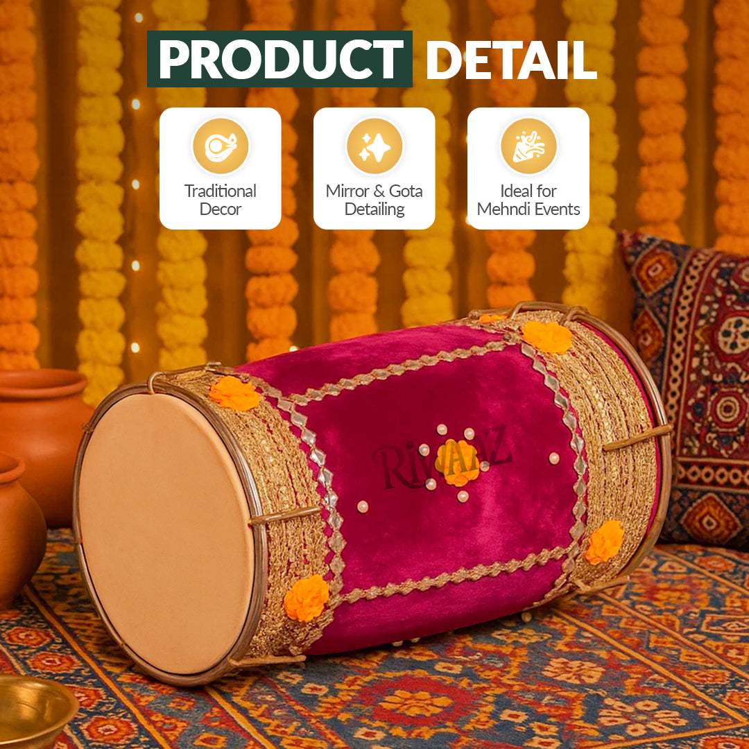 Hot Pink Velvet Dhol – Classic Dholki Drum for Wedding, Shaadi, Dholki & Mehndi