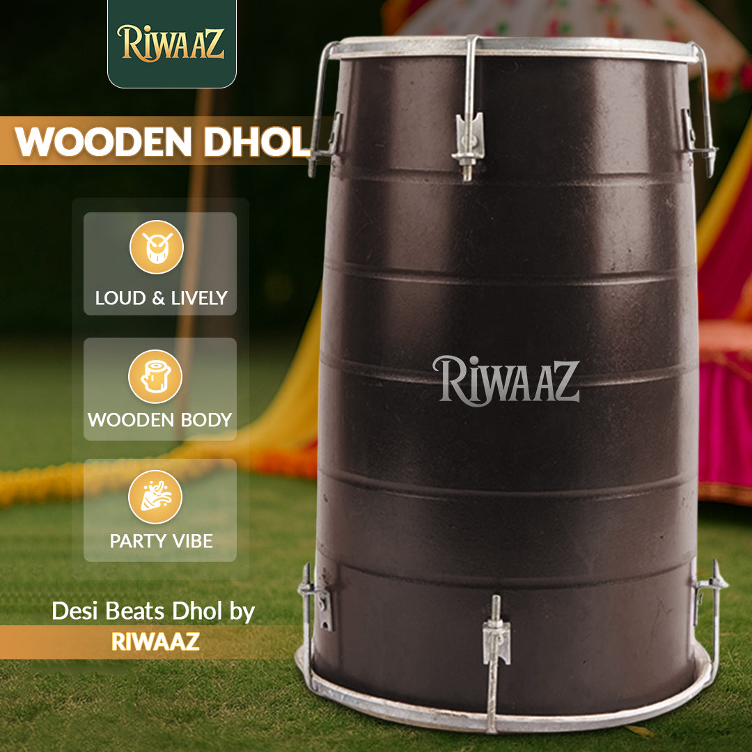Brown Wooden Dhol – Traditional Handcrafted Drum for Decor & Events