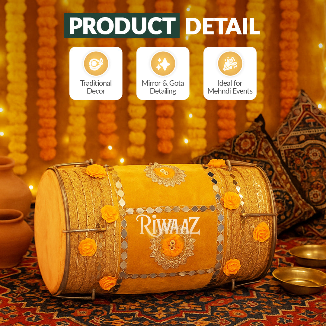 Yellow Velvet Dhol – Classic Dholki Drum for Wedding, Shaadi, Dholki & Mehndi