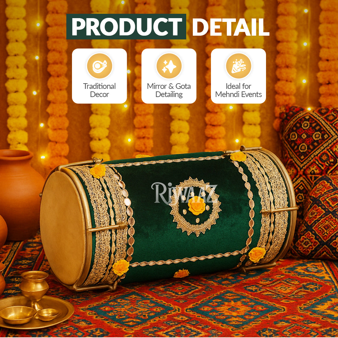 Green Velvet Dhol – Classic Dholki Drum for Wedding, Shaadi, Dholki & Mehndi