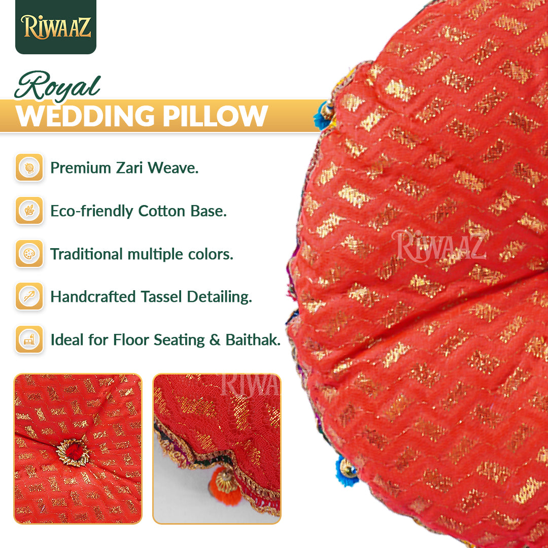 Round Jamawar Fabric Pillow, Cusion Perfect For Traditional Wedding Decor Including Mehndi, Nikkah, Maiyun, Vivah, and Cultural Celebrate