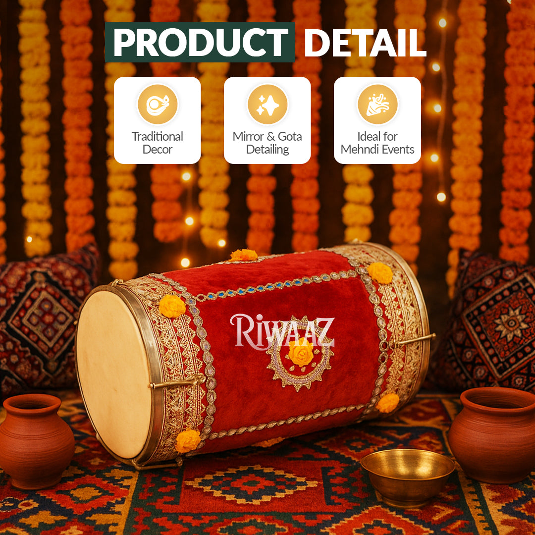 Red Velvet Dhol – Classic Dholki Drum for Wedding, Shaadi, Dholki & Mehndi