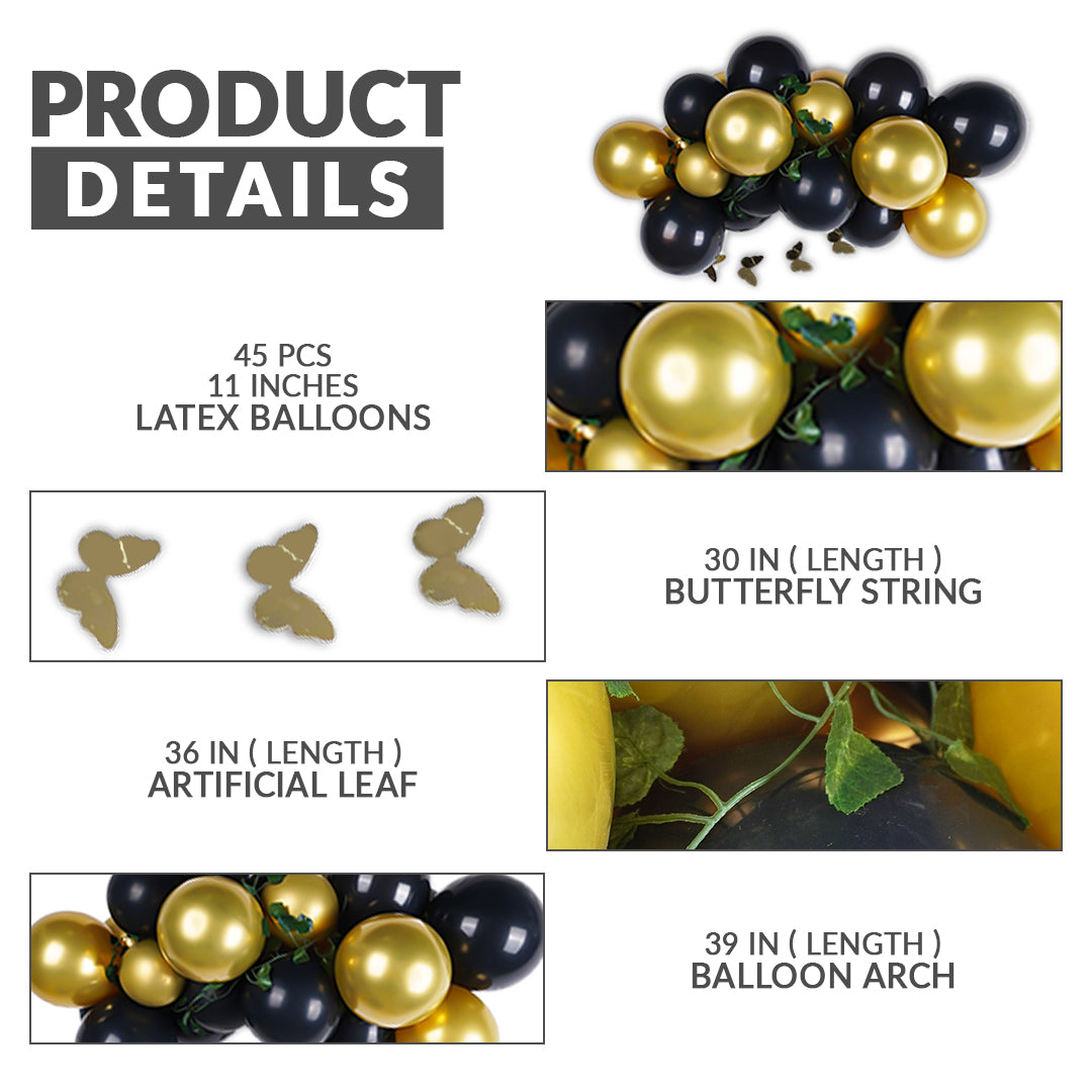 Black and Gold Balloon Arch Kit with Butterflies & Leaves | Birthday, Baby Shower, Graduation Party Decor