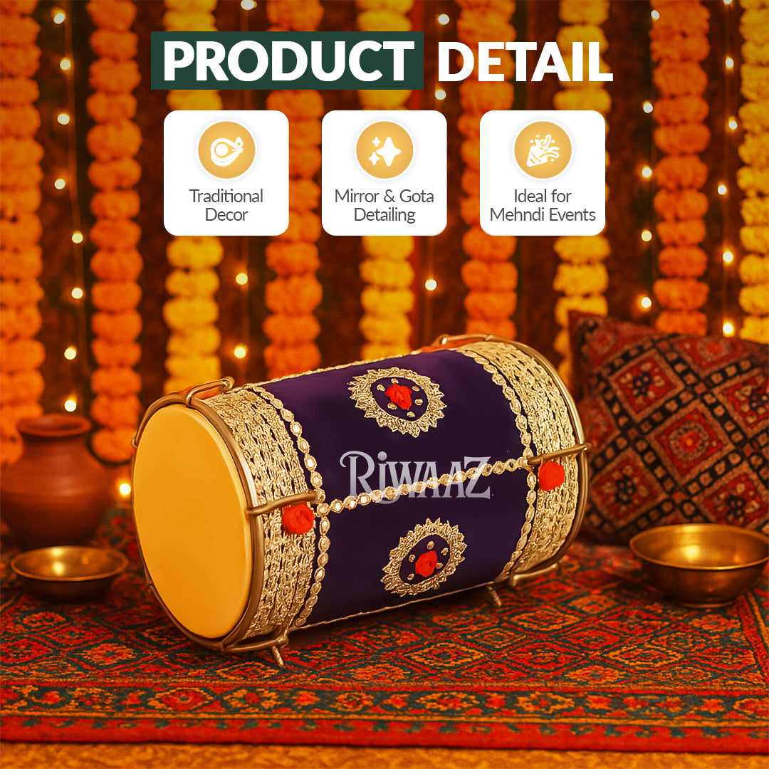 Purple Velvet Dhol – Classic Dholki Drum for Wedding, Shaadi, Dholki & Mehndi