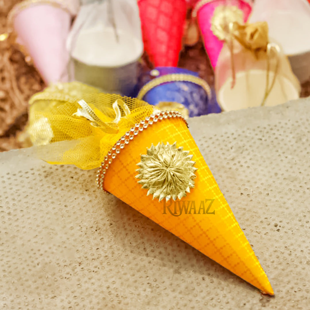 Cone Shape Nikkah Pouches – Pack of 10 | 5-Inch Vibrant Fabric Gift Bags for Nikkah, Mehndi & Wedding Favors