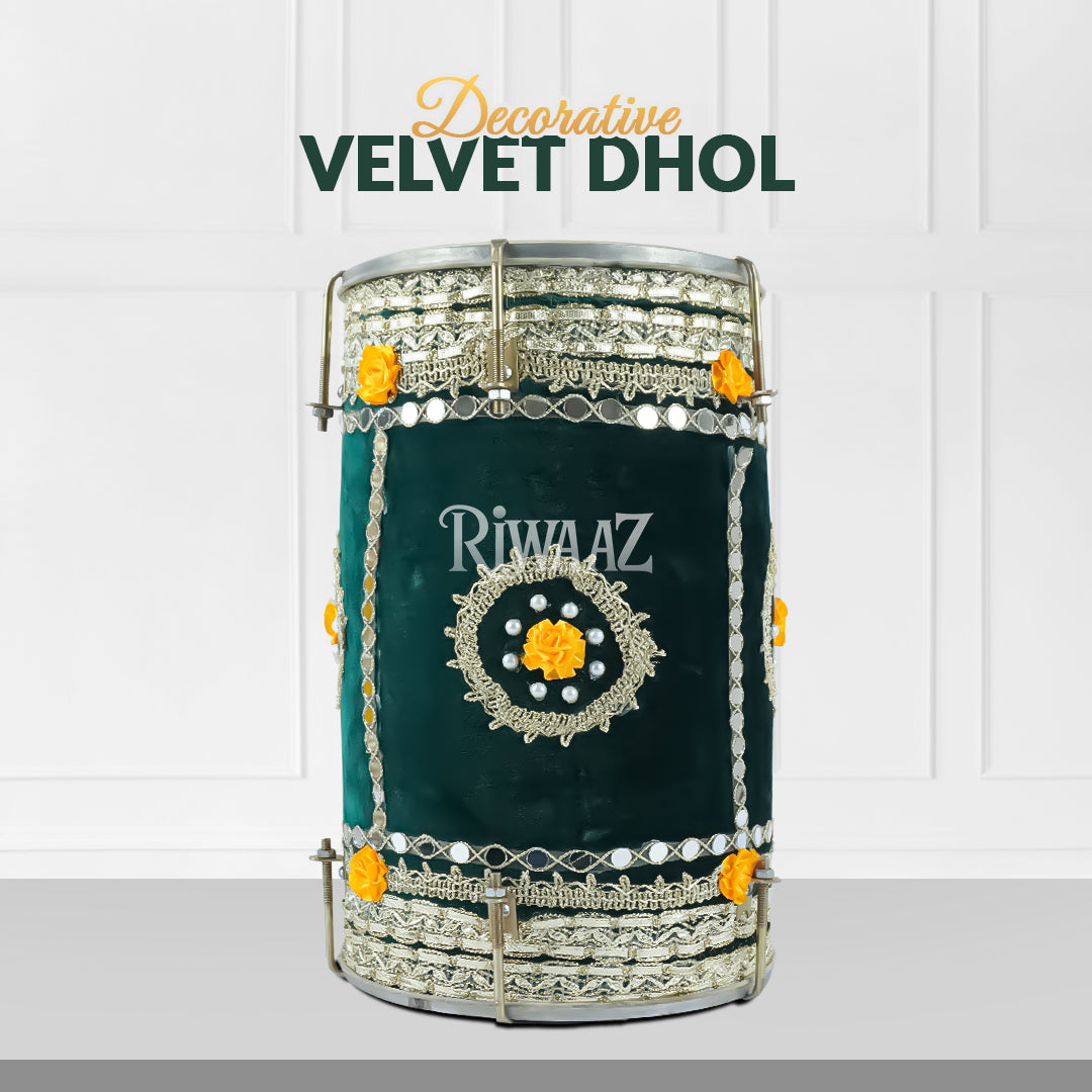 Green Velvet Dhol – Classic Dholki Drum for Wedding, Shaadi, Dholki & Mehndi