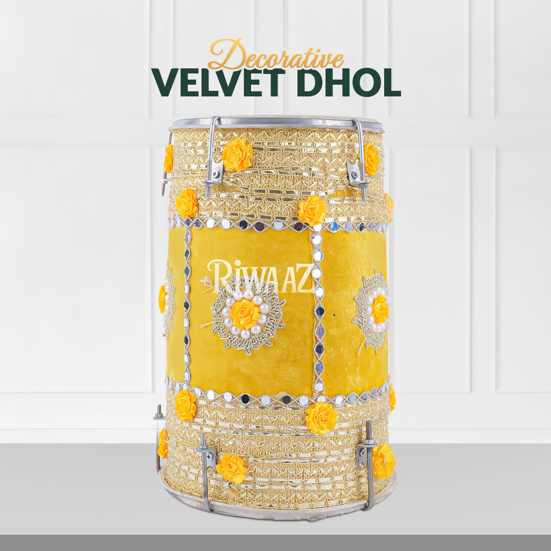 Yellow Velvet Dhol – Classic Dholki Drum for Wedding, Shaadi, Dholki & Mehndi