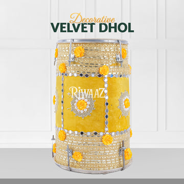 Yellow Velvet Dhol – Classic Dholki Drum for Wedding, Shaadi, Dholki & Mehndi