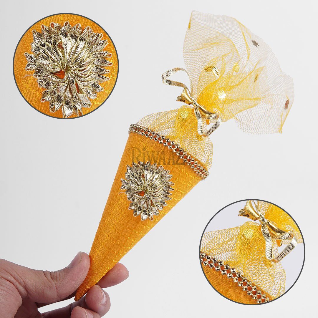 Cone Shape Nikkah Pouches – Pack of 10 | 5-Inch Vibrant Fabric Gift Bags for Nikkah, Mehndi & Wedding Favors