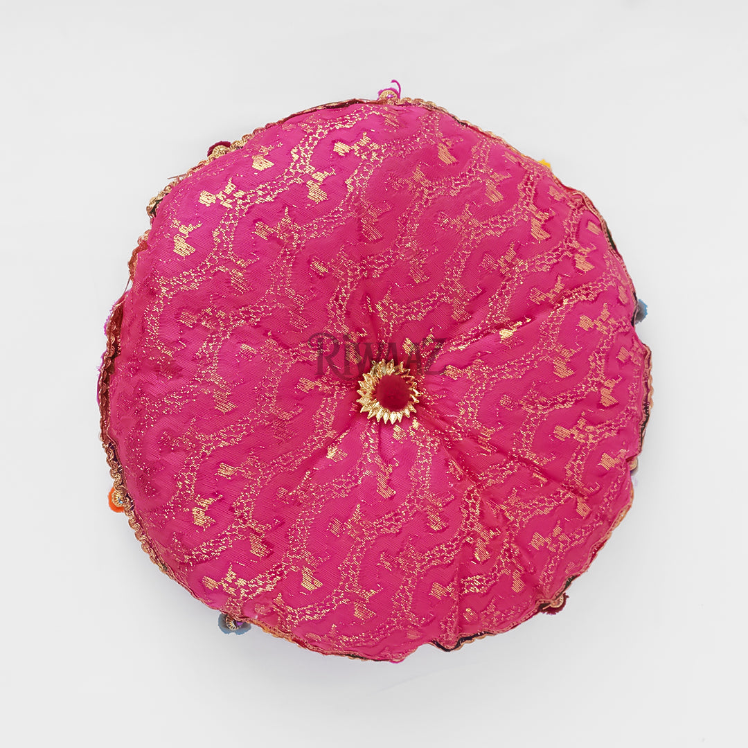 Round Jamawar Fabric Pillow, Cusion Perfect For Traditional Wedding Decor Including Mehndi, Nikkah, Maiyun, Vivah, and Cultural Celebrate
